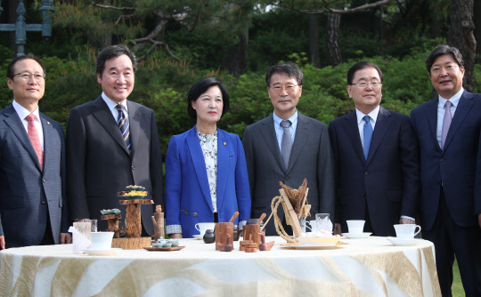 이낙연 국무총리가 15일 오전 서울 종로구 삼청동 총리공관에서 열린 고위당정청협의회에서 기념촬영을 하고 있다. 왼쪽부터 홍영표 더불어민주당 원내대표, 이 총리, 민주당 추미애 대표, 장하성 청와대 정책실장, 정의용 국가안보실장, 이춘석 민주당 사무총장.  연합뉴스